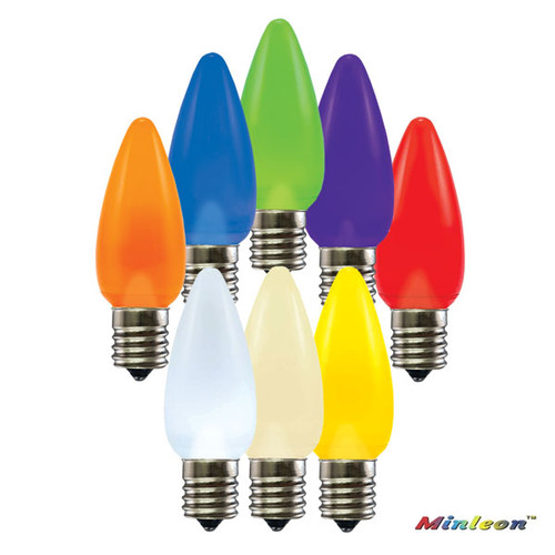 The picture displays a set of C9 LED E17 Frosted Smooth MINLEON Retrofit Christmas Bulbs. These bulbs are designed specifically for the holiday season, offering a modern and energy-efficient lighting solution.