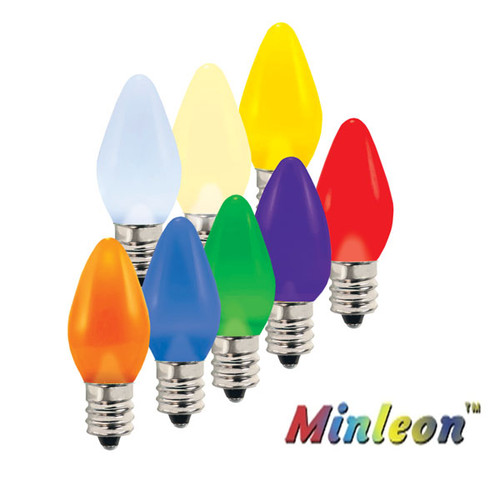 The picture showcases a set of C7 LED E12 Frosted Smooth MINLEON Retrofit Christmas Bulbs, designed to enhance your holiday lighting display. With their frosted smooth finish, these bulbs exude an elegant and sophisticated appeal, adding a touch of charm to your decorations.