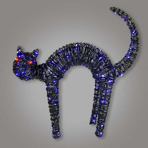 Wireframe Halloween black cat decoration wrapped in dark material and illuminated with blue LED lights. The cat has a raised arched back, upright tail, pointed ears, and glowing red eyes, set against a neutral gray background Wireframe Halloween black cat decoration wrapped in dark material and illuminated with blue LED lights. The cat has a raised arched back, upright tail, pointed ears, and glowing red eyes, set against a neutral gray background