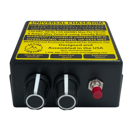 Sleek and compact 1-5 Circuit Universal Chase Controller designed for lighting applications. The controller features a sturdy black casing with a clean, modern design. On the front panel, there are multiple control knobs and buttons. The overall design is both functional and aesthetically pleasing, making it suitable for a range of professional and DIY lighting projects. Sleek and compact 1-5 Circuit Universal Chase Controller designed for lighting applications. The controller features a sturdy black casing with a clean, modern design. On the front panel, there are multiple control knobs and buttons. The overall design is both functional and aesthetically pleasing, making it suitable for a range of professional and DIY lighting projects.