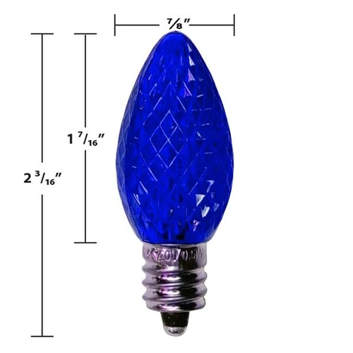 The image showcases a blue Up North C7 E12 base 120V bulbs neatly arranged. Each bulb has a classic, small, flame-shaped design with a clear plastic exterior, allowing the filament inside to be clearly visible. The bulbs are designed with an E12 base, ensuring compatibility with standard light fixtures. The overall presentation is clean and practical, ideal for both residential and commercial use.