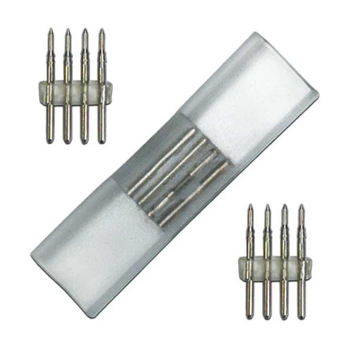 A close-up image of an RGB 110V Neon Rope Light Splice Connector, showcasing its compact and sturdy design. The connector features a transparent body, allowing a clear view of the internal connections, with metallic prongs and secure locking mechanisms.  Ideal for indoor lighting projects, the connector promises reliable and continuous illumination. A close-up image of an RGB 110V Neon Rope Light Splice Connector, showcasing its compact and sturdy design. The connector features a transparent body, allowing a clear view of the internal connections, with metallic prongs and secure locking mechanisms.  Ideal for indoor lighting projects, the connector promises reliable and continuous illumination.