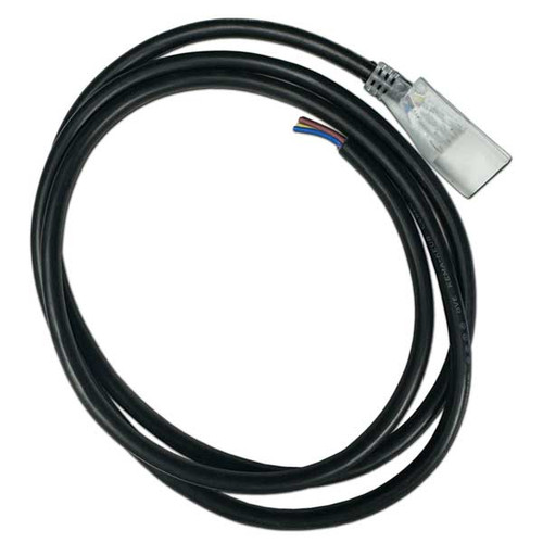 A high-quality 4-wire power cord, specifically designed for 110V RGB neon rope lights, is displayed in the image. The cord is 5 feet long, featuring a robust, black outer insulation for durability and protection. The connector has four distinct wires, each color-coded to correspond with RGB lighting channels, allowing for easy and accurate installation. The cord’s flexible design is highlighted, indicating its suitability for various indoor and outdoor applications.