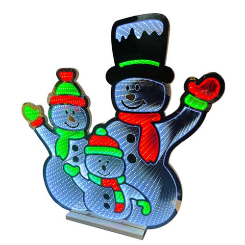 The Infinity Tunnel Waving Snowmen Silhouette shows a cheerful group of snowmen family waving, illuminated by built-in LED lights. The lights create a captivating infinity tunnel effect, making it appear as though the glowing lights stretch endlessly behind the snowmen. The snowmen's playful and festive design is enhanced by the, cozy glow of the LEDs. The silhouette sits securely on a wooden base, adding a touch of rustic charm to the modern light display. This enchanting holiday decoration is perfect for mantels, shelves, or as a tabletop centerpiece, creating a magical winter atmosphere. The Infinity Tunnel Waving Snowmen Silhouette shows a cheerful group of snowmen family waving, illuminated by built-in LED lights. The lights create a captivating infinity tunnel effect, making it appear as though the glowing lights stretch endlessly behind the snowmen. The snowmen's playful and festive design is enhanced by the, cozy glow of the LEDs. The silhouette sits securely on a wooden base, adding a touch of rustic charm to the modern light display. This enchanting holiday decoration is perfect for mantels, shelves, or as a tabletop centerpiece, creating a magical winter atmosphere.
