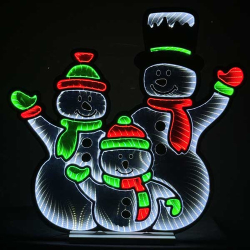 The Infinity Tunnel Waving Snowmen Silhouette shows a cheerful group of snowmen family waving, illuminated by built-in LED lights. The lights create a captivating infinity tunnel effect, making it appear as though the glowing lights stretch endlessly behind the snowmen. The snowmen's playful and festive design is enhanced by the, cozy glow of the LEDs. The silhouette sits securely on a wooden base, adding a touch of rustic charm to the modern light display. This enchanting holiday decoration is perfect for mantels, shelves, or as a tabletop centerpiece, creating a magical winter atmosphere. The Infinity Tunnel Waving Snowmen Silhouette shows a cheerful group of snowmen family waving, illuminated by built-in LED lights. The lights create a captivating infinity tunnel effect, making it appear as though the glowing lights stretch endlessly behind the snowmen. The snowmen's playful and festive design is enhanced by the, cozy glow of the LEDs. The silhouette sits securely on a wooden base, adding a touch of rustic charm to the modern light display. This enchanting holiday decoration is perfect for mantels, shelves, or as a tabletop centerpiece, creating a magical winter atmosphere.
