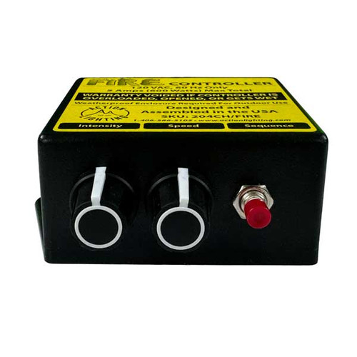 A close-up photo of a 4 Circuit Controller with Fire Effect, featuring a compact and sturdy rectangular housing with clearly labeled input and output ports. The controller is connected to four separate lighting circuits, with wires neatly arranged for easy installation. Front view