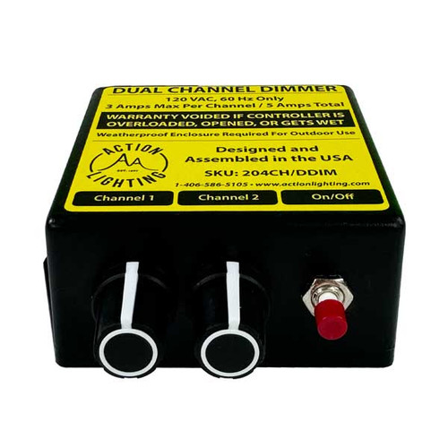 A close-up image of a 2 Circuit Dual Dimmer Controller, featuring a sleek and compact rectangular design with two clearly labeled dimming knobs. Each knob is dedicated to controlling a separate light circuit, allowing for precise adjustments. The controller has a minimalist look with a durable, matte finish, and intuitive interface for easy operation. Wires are neatly connected to the back panel, showing simple and organized ports for quick installation. The overall appearance is modern and professional, perfect for any lighting setup. A close-up image of a 2 Circuit Dual Dimmer Controller, featuring a sleek and compact rectangular design with two clearly labeled dimming knobs. Each knob is dedicated to controlling a separate light circuit, allowing for precise adjustments. The controller has a minimalist look with a durable, matte finish, and intuitive interface for easy operation. Wires are neatly connected to the back panel, showing simple and organized ports for quick installation. The overall appearance is modern and professional, perfect for any lighting setup.