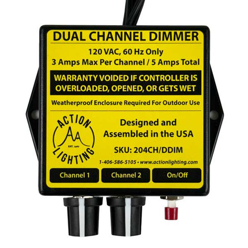 A close-up image of a 2 Circuit Dual Dimmer Controller, featuring a sleek and compact rectangular design with two clearly labeled dimming knobs. Each knob is dedicated to controlling a separate light circuit, allowing for precise adjustments. The controller has a minimalist look with a durable, matte finish, and intuitive interface for easy operation. Wires are neatly connected to the back panel, showing simple and organized ports for quick installation. The overall appearance is modern and professional, perfect for any lighting setup. A close-up image of a 2 Circuit Dual Dimmer Controller, featuring a sleek and compact rectangular design with two clearly labeled dimming knobs. Each knob is dedicated to controlling a separate light circuit, allowing for precise adjustments. The controller has a minimalist look with a durable, matte finish, and intuitive interface for easy operation. Wires are neatly connected to the back panel, showing simple and organized ports for quick installation. The overall appearance is modern and professional, perfect for any lighting setup.
