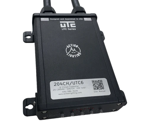 A sleek, modern device with a compact rectangular design, the 2-6 Circuit Universal Programmable Controller is shown here. The front panel features a large, vibrant display with an intuitive user interface, displaying various control options and real-time data for the connected circuits. There are several indicator lights, each corresponding to one of the circuits, providing immediate visual feedback on the system status. The controller's casing is robust and stylish, with a matte black finish and subtle branding. Two cables are connected to back of the controller with waterproof cable glands for integration into an electrical system. The overall design exudes reliability and advanced functionality, highlighting its suitability for both residential and industrial environments.