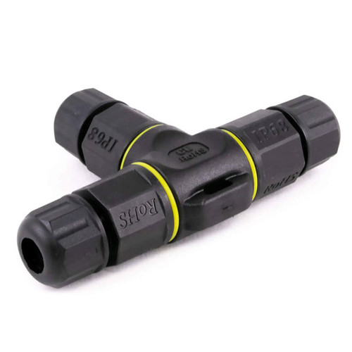 A close-up image of a T Connector for 24" Space Drop Lights in a 300-foot roll, black color. The durable black casing blends seamlessly with the wiring, providing a professional and discreet appearance. A close-up image of a T Connector for 24" Space Drop Lights in a 300-foot roll, black color. The durable black casing blends seamlessly with the wiring, providing a professional and discreet appearance.