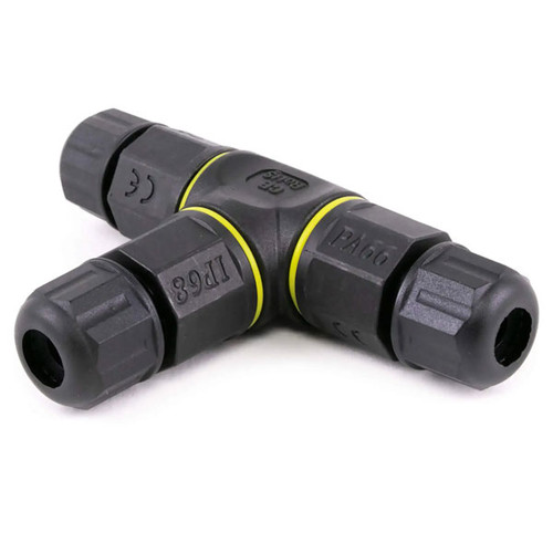 A close-up image of a T Connector for 24" Space Drop Lights in a 300-foot roll, black color. The durable black casing blends seamlessly with the wiring, providing a professional and discreet appearance. A close-up image of a T Connector for 24" Space Drop Lights in a 300-foot roll, black color. The durable black casing blends seamlessly with the wiring, providing a professional and discreet appearance.