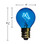 An blue incandescent light bulb with a round G-style globe and an E12 candelabra screw base. The bulb measures approximately 1 5/8 inches in height and 1 inch in diameter, and the glowing filament is clearly visible inside the transparent colored glass.