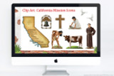Presentation template includes California Mission themed clip art; Franciscan Monk, Native American Man and Woman farming maze, Map of the Spanish Missions of California, wooden cross, mission bell, cattle, and doves. 