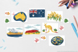 Australis themed clip art.  For Girl Scout World Thinking Day or Geography Fair. Australian Flag, Australia National Flower: Golden Wattle, Australia's National Gemstone: Opal, Australia National Animal: Red Kangaroo, Brandenburg Gate, Uluru, Map of Australia with capitol Canberra, Coral Reef and fish decorative motifs