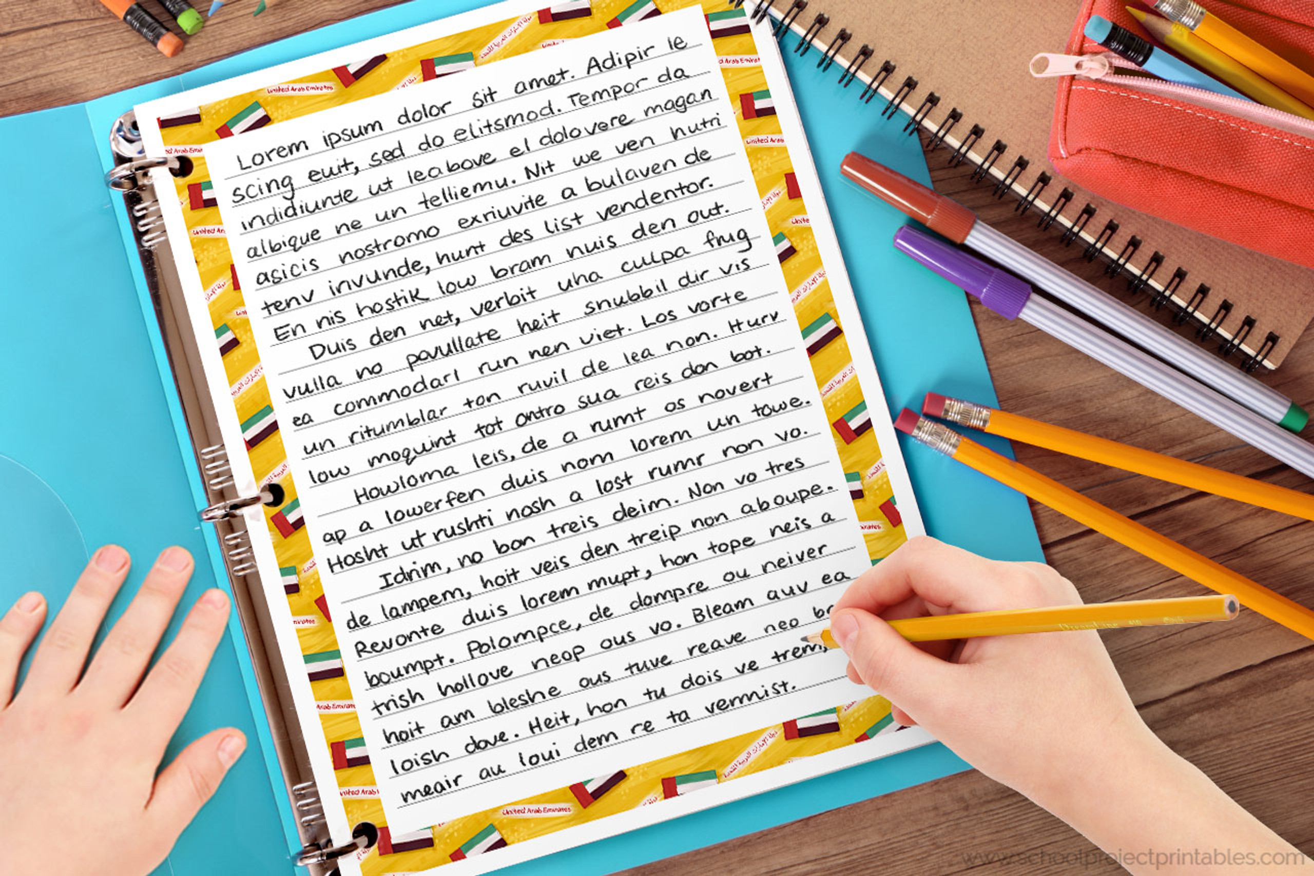 United Arab Emirates Writing Templates Paper with UAE Flag Border