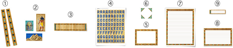 Diagram showing Ancient Egypt adobe border, title, writing templates, photo frames, and all kit pieces.