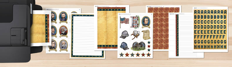 Pages included in the American Civil War Printable Kit coming out of a printer onto a table