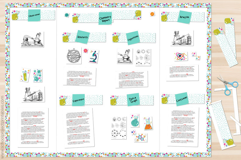 Chemistry beaker title cards being added to each section of the board. 