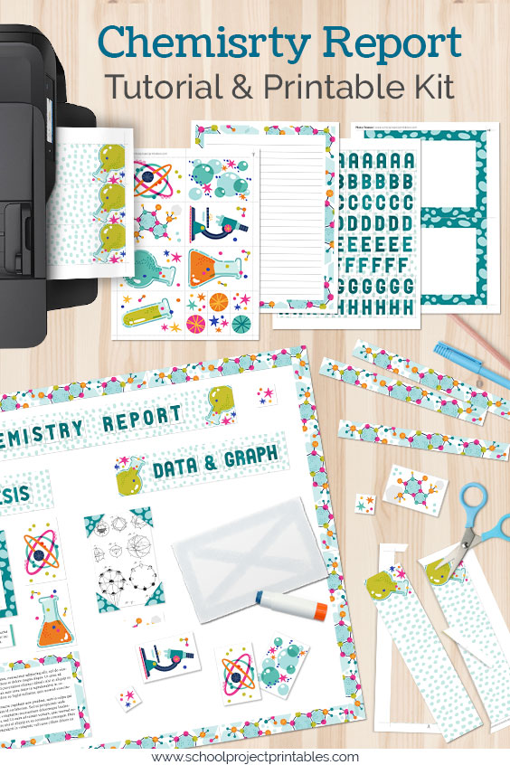 A Chemistry Science Fair Project being put together from printable kit templates