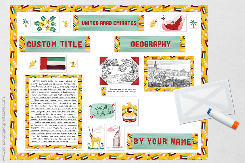 Gluing on the final pieces to the United Arab Emirates (UAE) poster.