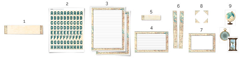 Printable templates of old weathered paper with burnt edges Pieces included in the Age of Exploration kit