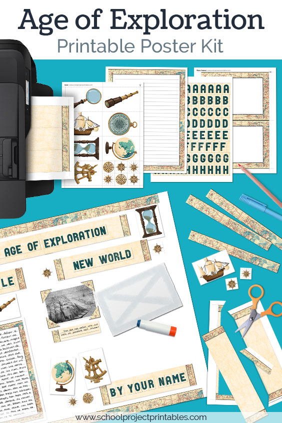 Printable to decorate Age of Exploration display boards! Everything you need to make a poster, all you have to do is add your research! Printable kit for Age of Exploration projects with weathered paper templates