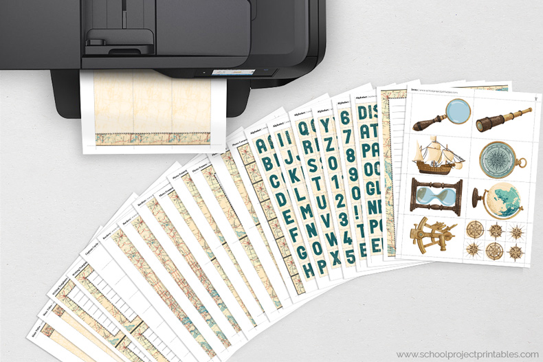 Printable Age of Exploration NHD kit for display boards Age of Exploration kit pages feeding out of a black printer