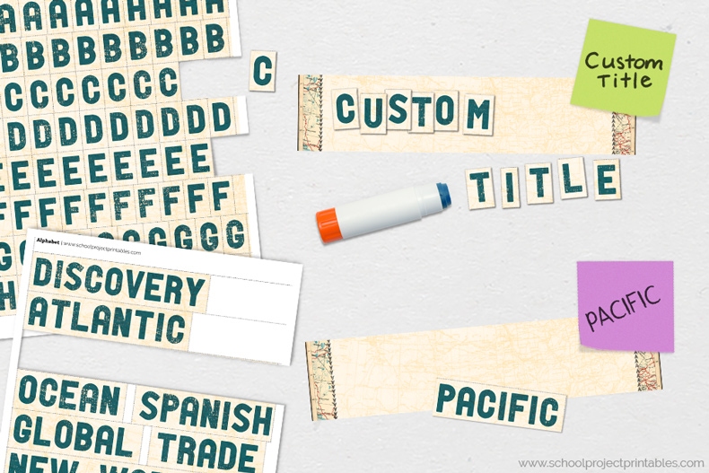 Printable old map texture alphabet stickers and titles for Age of Exploration project. How to make custom titles for your Age of Exploration report