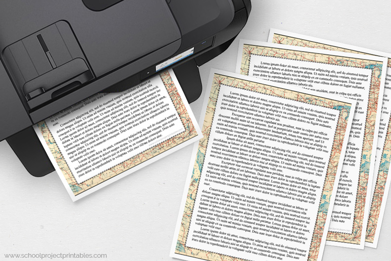 Printable blank writing template with old burnt edges paper border. old map border stationery coming out of a printer