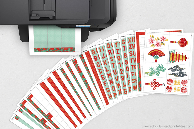 Printable Ancient China kit for display boards Ancient China kit pages feeding out of a black printer