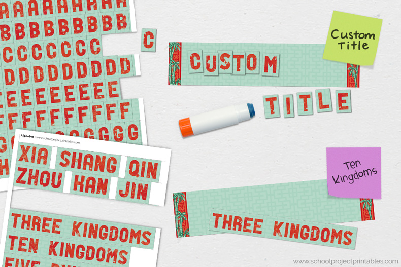 Printable old map texture alphabet stickers and titles for Ancient China project. How to make custom titles for your Ancient China report