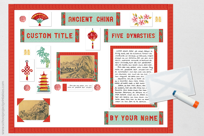 Super easy to follow tutorial and kit for Ancient China project display - a must save. Gluing on the final pieces to the Ancient China poster.