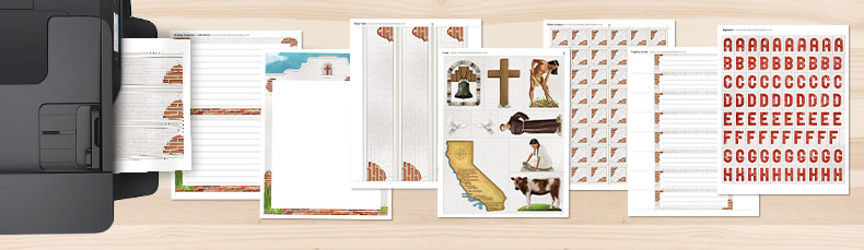 Pages included in the Califirna Missions Printable Kit coming out of a printer onto a table
