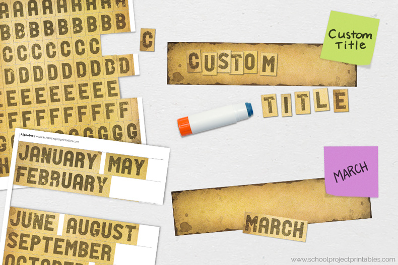 Printable old paper texture alphabet stickers and titles for history project. How to make custom titles for your history report