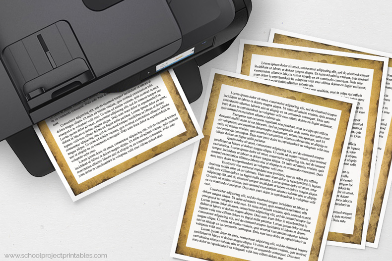 Printable blank writing template with old burnt edges paper border. Old paper border stationery coming out of a printer