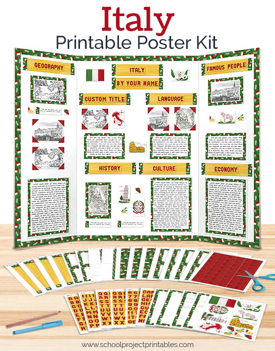 Printable download - kit to make Italy poster displays for Geography Fairs, Girls Scout World Thinking Day. All the pieces and stickers - pin now use later!