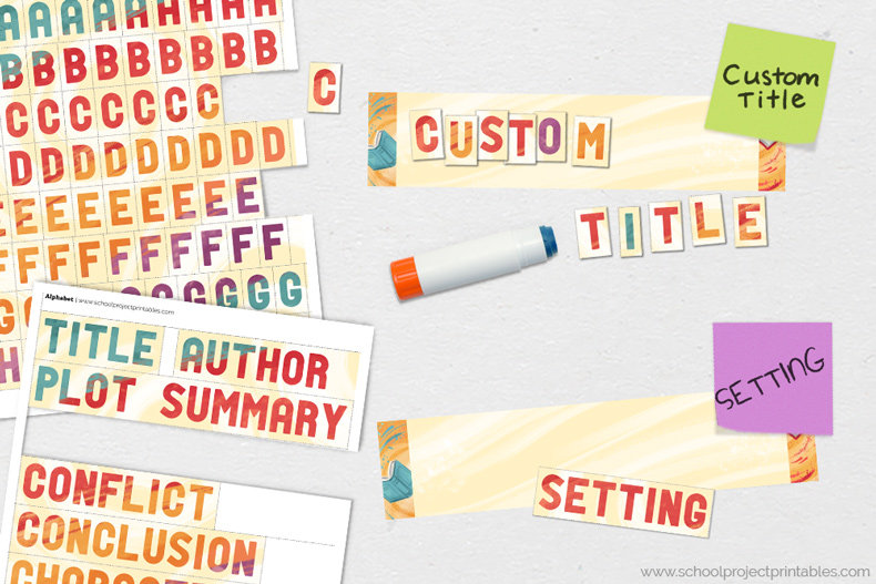 Printable old map texture alphabet stickers and titles for Reading Fair Book Report project. How to make custom titles for your Reading Fair Book Report report