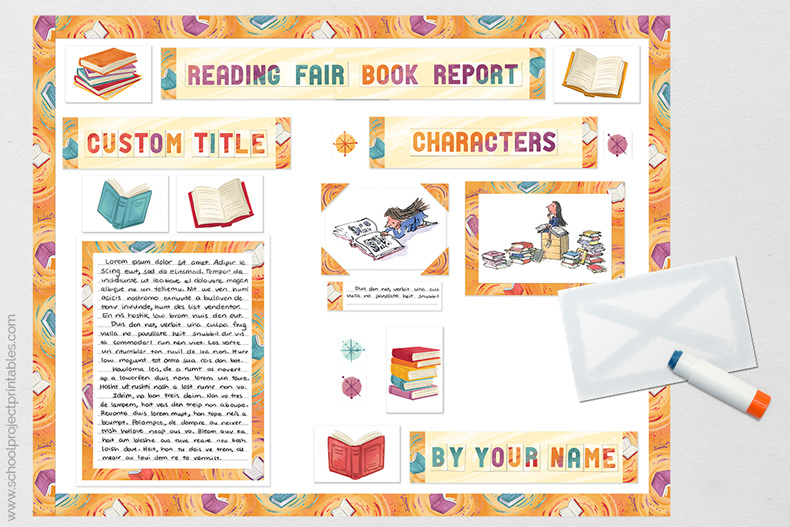 Super easy to follow tutorial and kit for Reading Fair Book Report project display - a must save. Gluing on the final pieces to the Reading Fair Book Report poster.