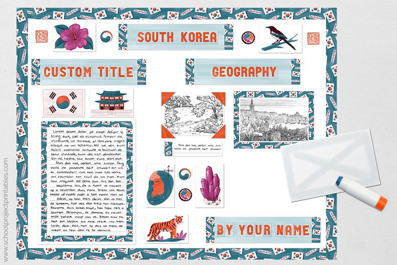 Gluing on the final pieces to the South Korea poster.