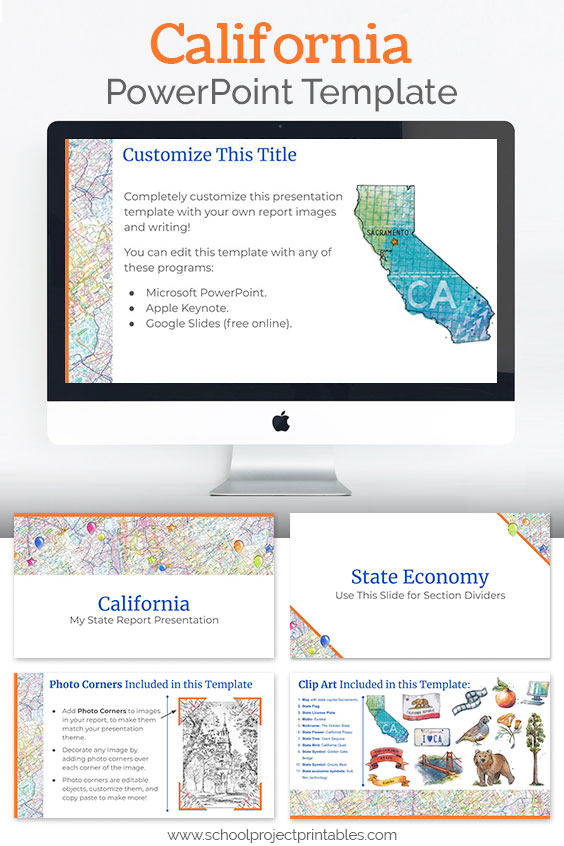 California themed downloadable powerpoint template with multiple customizable layouts and clip art