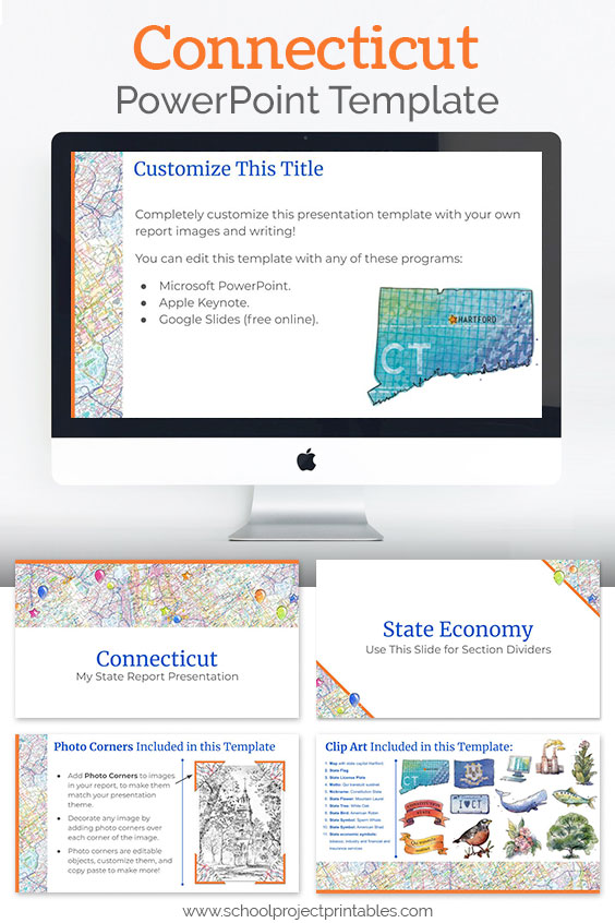 Connecticut themed downloadable powerpoint template with multiple customizable layouts and clip art