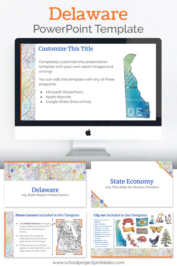 Delaware themed downloadable powerpoint template with multiple customizable layouts and clip art