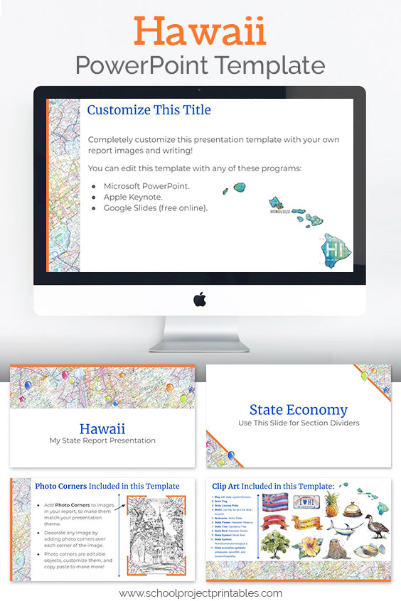 Hawaii themed downloadable powerpoint template with multiple customizable layouts and clip art