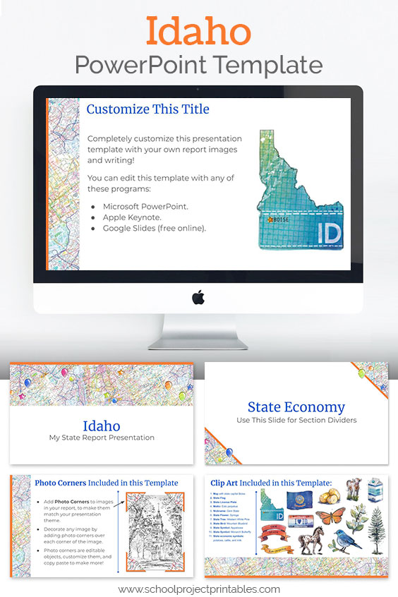 Idaho themed downloadable powerpoint template with multiple customizable layouts and clip art