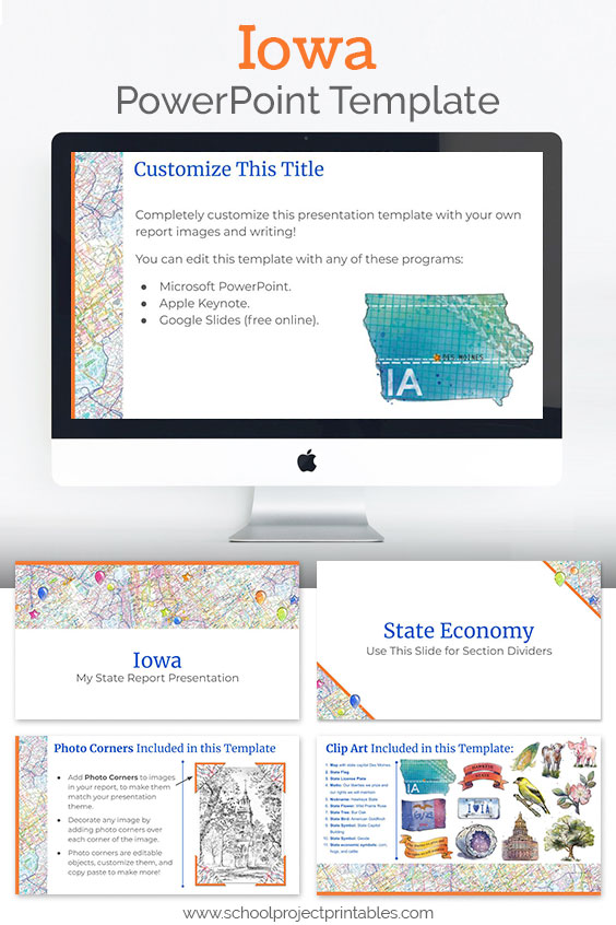 Iowa themed downloadable powerpoint template with multiple customizable layouts and clip art