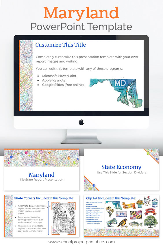 Maryland themed downloadable powerpoint template with multiple customizable layouts and clip art