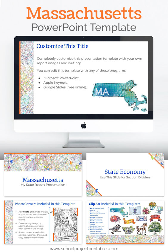 Massachusetts themed downloadable powerpoint template with multiple customizable layouts and clip art