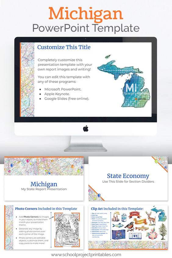 Michigan themed downloadable powerpoint template with multiple customizable layouts and clip art