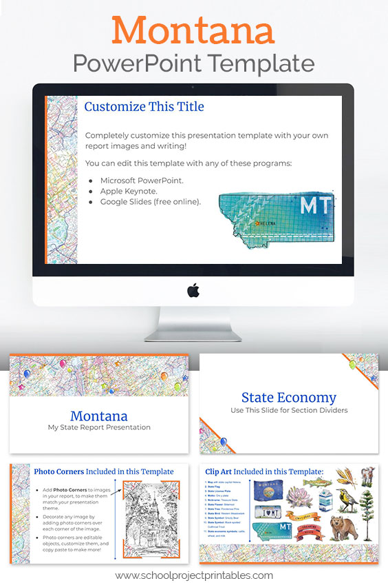 Montana themed downloadable powerpoint template with multiple customizable layouts and clip art