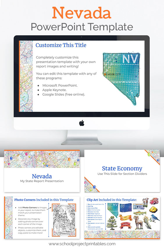 Nevada themed downloadable powerpoint template with multiple customizable layouts and clip art